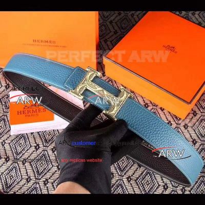 Perfect Replica Hermes Blue Leather Belt With Pattern Gold Buckle